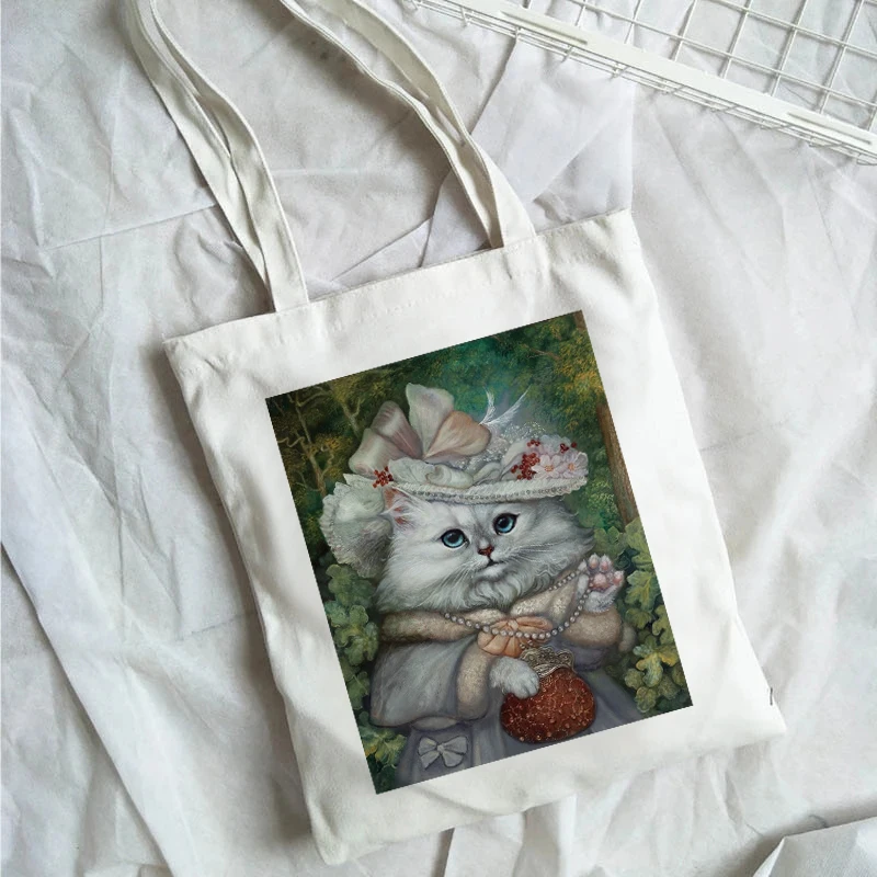 

Color painting funny cat print Harajuku ladies casual one-shoulder white tote bag handbag large capacity printed canvas female b