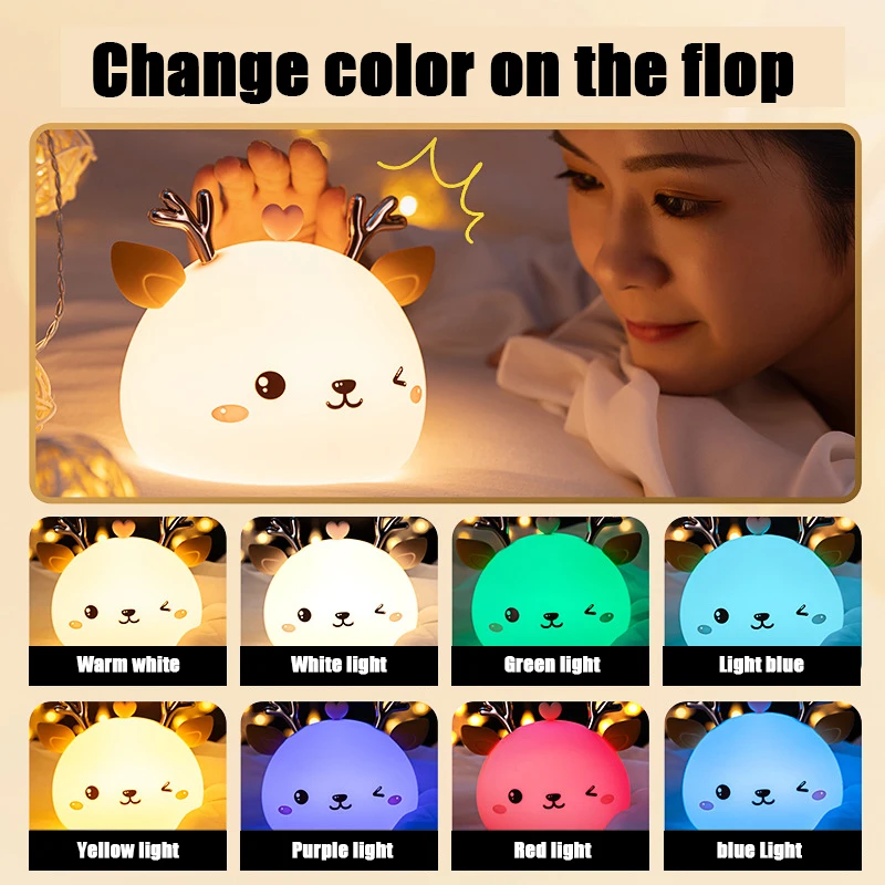 

Christmas Fawn LED Night Light Mini Cute Silicone Table Lamp Touch Sensor 7 Colors Kids Bedroom Desktop Decoration Lamps Gifts