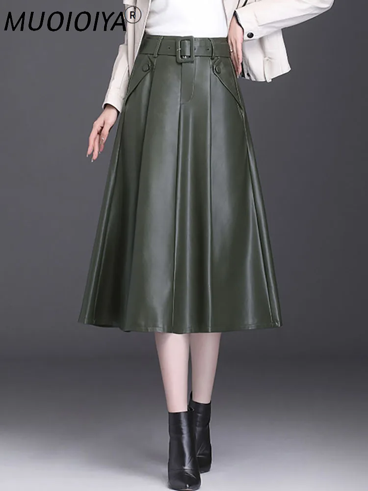 

Real Sheepskin Genuine Leather Skirt Women Vintage Mid Length A line Skirts Female Elegant Office Ladies Maxi Skirts With Belt