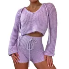 Женский однотонный комплект из топа с длинным рукавом и шортов с поясом на резинке