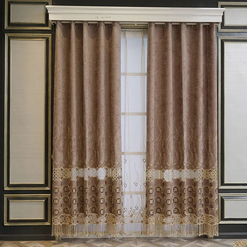 

European Style Hollow Embroidered Curtains Shading and Heat Insulation Simple Chenille Curtains for Living Dining Room Bedroom