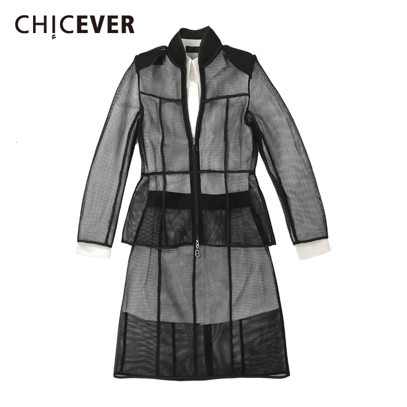 Женский костюм тройка CHICEVER белое платье с отложным воротником и длинными