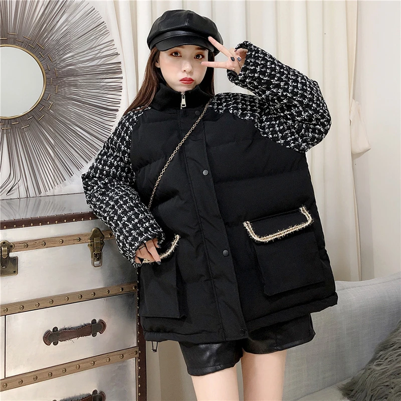 CHICEVER лоскутное клетчатое популярное цветное хлопковое пальто для женщин стоячий