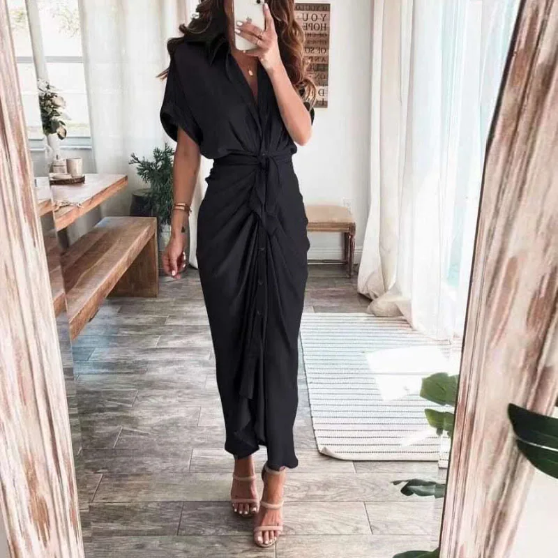 

Spring Button Draped Slim Bodycon Dress Retro Elegant V Neck Office Lady Long Dress Summer Short Sleeve Tie-up Women Party Dress