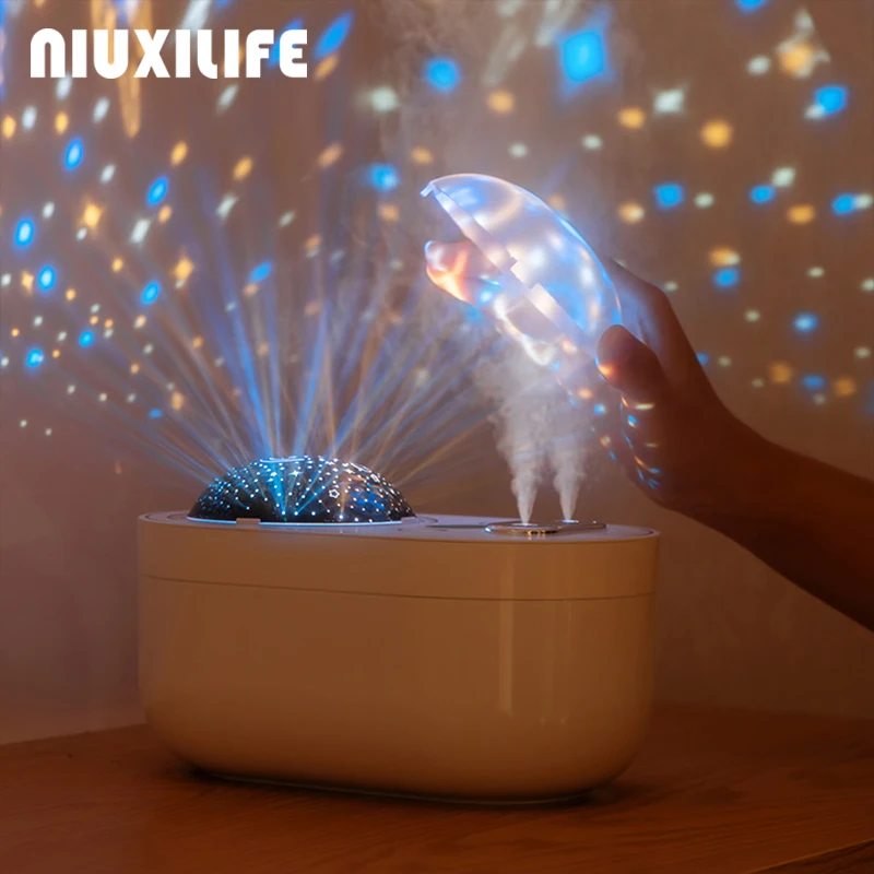 Pаспродажа Проекционный двойной увлажнитель воздуха NIUXILIFE 1000 мл, увлажнители, вращающийся распылитель тумана, аромадиффузор 360, светильник, перезаряжа...
