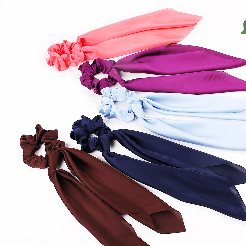 

DIY Solid Floral Print Bow Satin Long Ribbon Ponytail Scarf Hair Tie Scrunchies Women Girls Elastic Hair Bands Hair Accessories