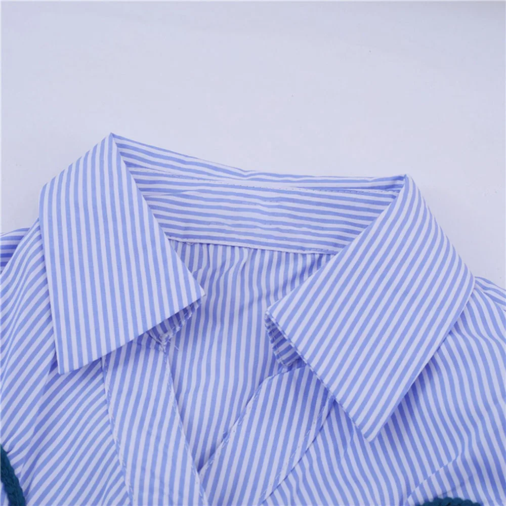 

Japan Style Blouse Spring Autumn Korean Fashion Temperament Loose Casual Stripe Single-breasted Lapel Puff Sleeve 2021