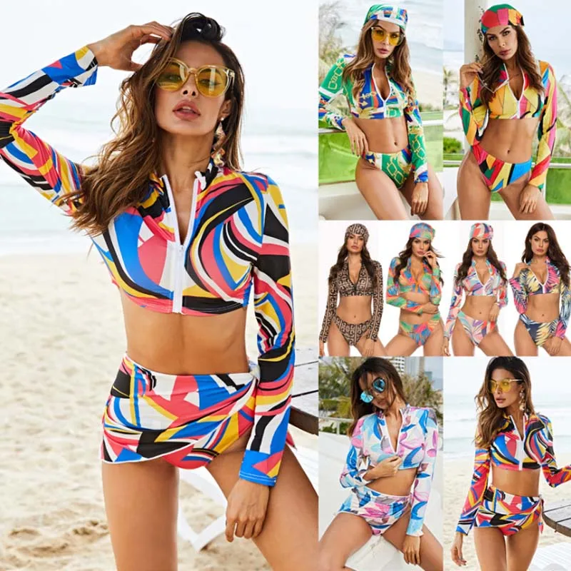 

Summer Beachwear Bikini Sexy Print 3 Piece set Female Tied Head Tied Waist Triangle Scarf Three-Piece Long Sleeve Zipper Bikin