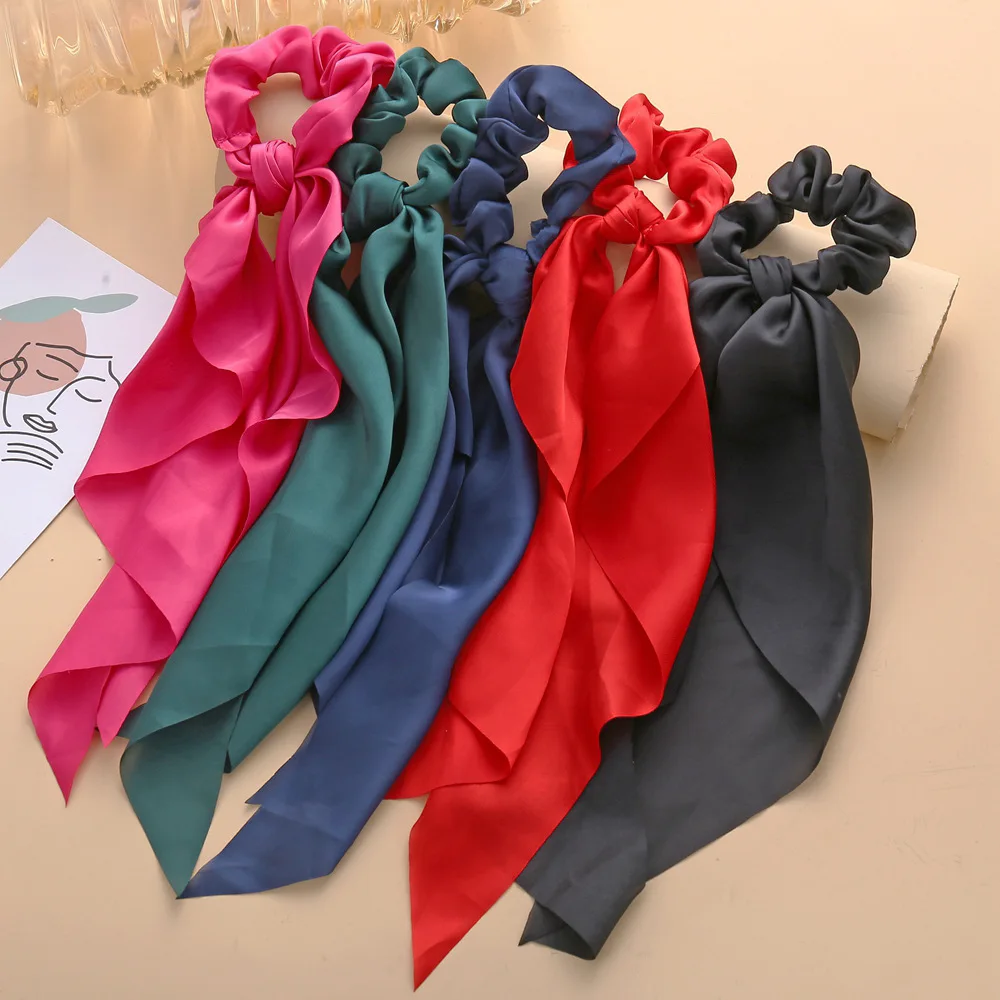 Модные Цветочный принт Scrunchies однотонные длинные волосы ленты для Женский