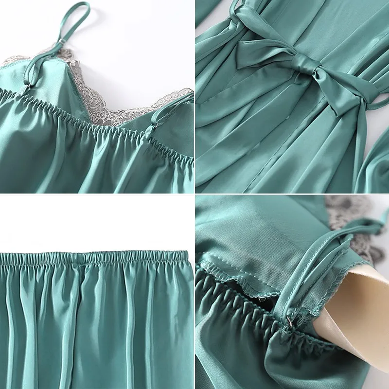 

Women New 3CPS Sleepwear Satin Silky Pajamas Set Kimono Gown Female Pyjamas Suit Casual Sleep Set Loose Home Dressing Gown