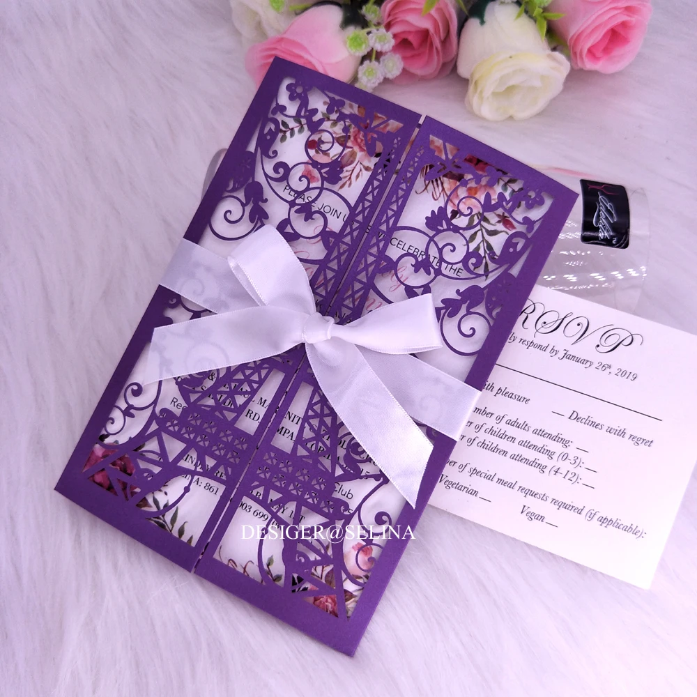 Фиолетовые пригласительные приглашения с лазерной огранкой лентой 20 + цветов на