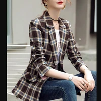 autumn winter women formal plaid suit coat retro british style notched double breasted womens blazers long sleeve