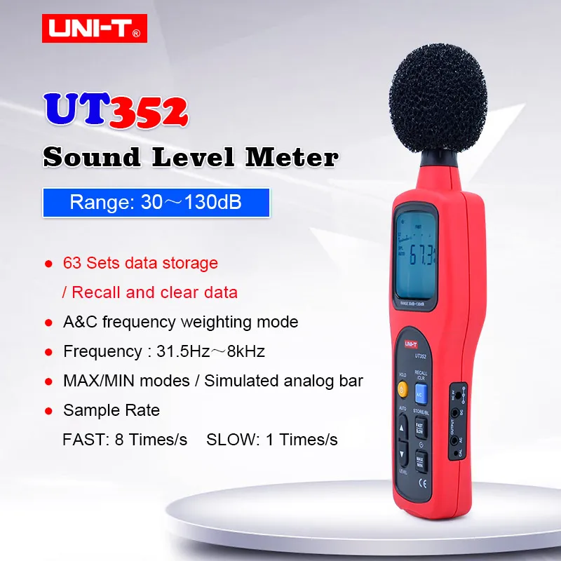 Monitoramento do Decibel do Verificador Pesa a Frequência Taxa da Amostra Registro de Dados 30-130db do Ruído de Digitas do Medidor Ut352 do Nível de Som a & Uni-t c Que –