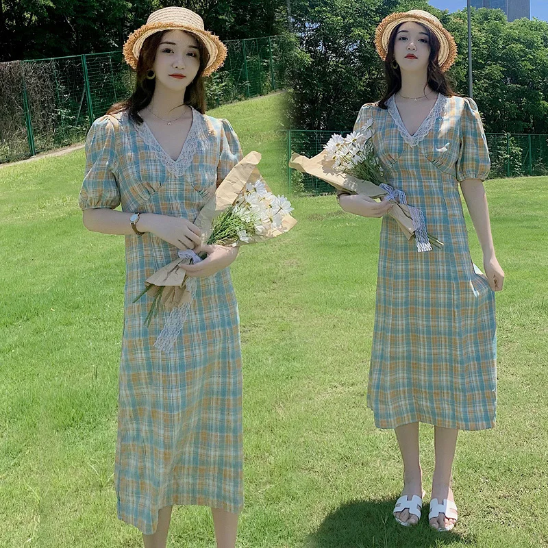 

Women Long Plaid Dress Summer 2020 Runway Elegant Vintage Korean Preppy Dress High Waist Casual School Work Vacation Mori Girl