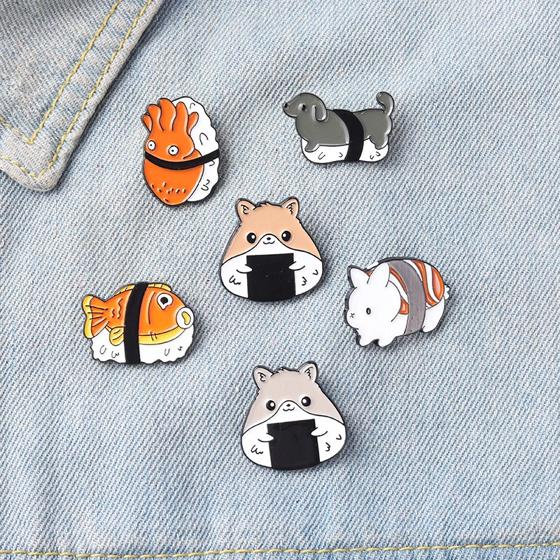 

Sushi Rice Ball Animals Enamel Pins Custom Animalized Japanese Food Brooch Lapel Badge Bag Cartoon Jewelry Gift for Friends