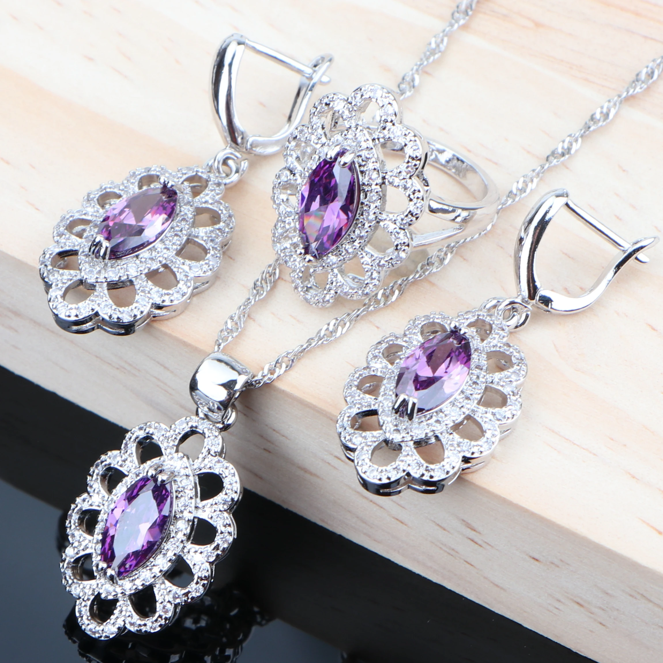 Роскошные фиолетовые циркониевые Свадебные Ювелирные наборы для женщин серебро