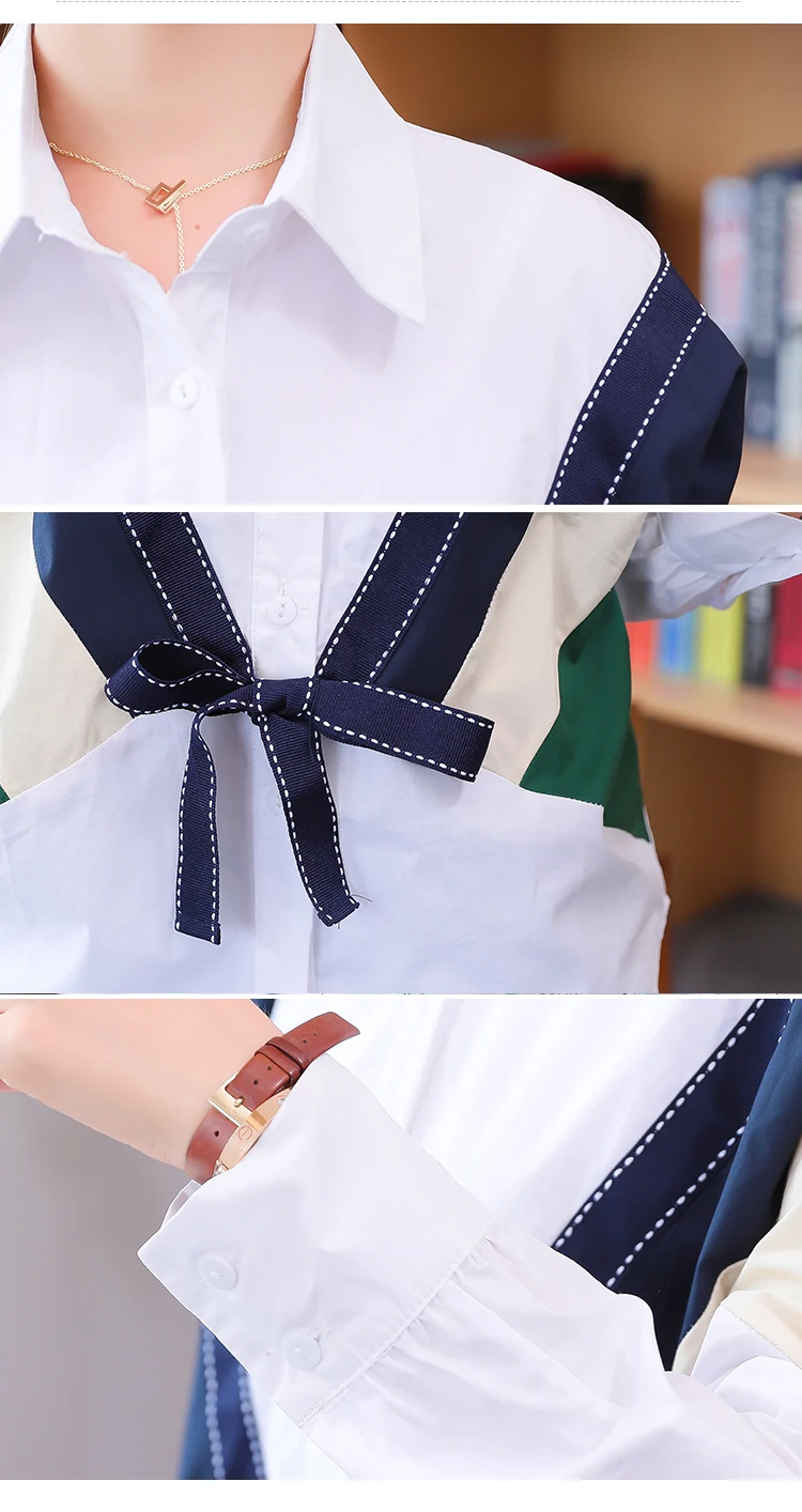 

White Shirt Women's Korean-Style Autumn 2020 New Contrasting Color Shirt Long Sleeve Loose Stitching Women Blouses Tops 101B