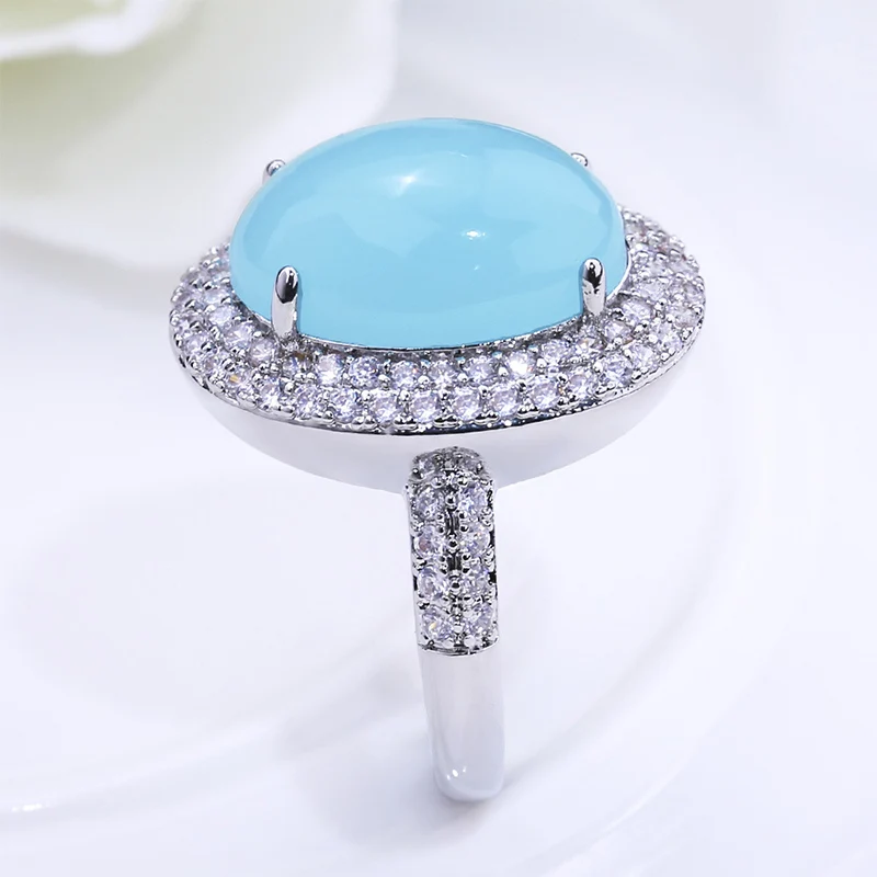 Luxury Big Blue Oval Moonstone Ring For Women Girl Fashion Crystal Silver Color Rings Wedding Engagement Jewelry Anillos Mujer | Украшения