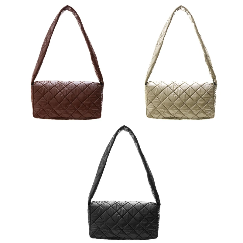 

63HC Fashion Quilted Flap Handbag Nylon Shoulder Bag Solid Color Square Underarm Bag