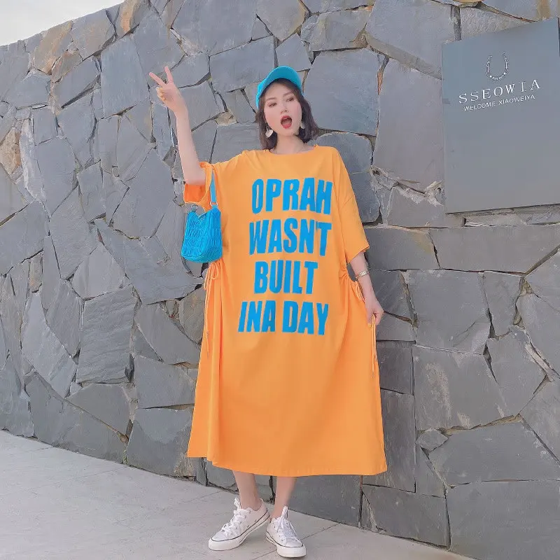 

Korea Plus Size Print Letter Dress Fashion New Women 2020 Summer Pullover Goddess Fan Elegant Casual Style Loose Dress DMY4952