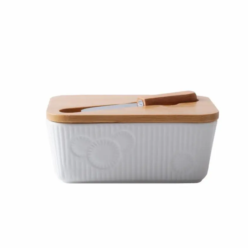 

White Ceramic Butter Dish with Cutter Knife Butter Keeper Container Bamboo Lid Vintage Butter Dishes With Covers