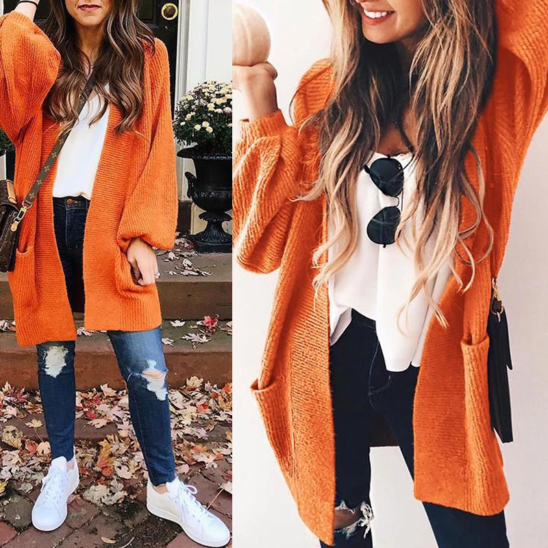 Женский вязаный свитер Meihuida повседневный Длинный мягкий кардиган оранжевого