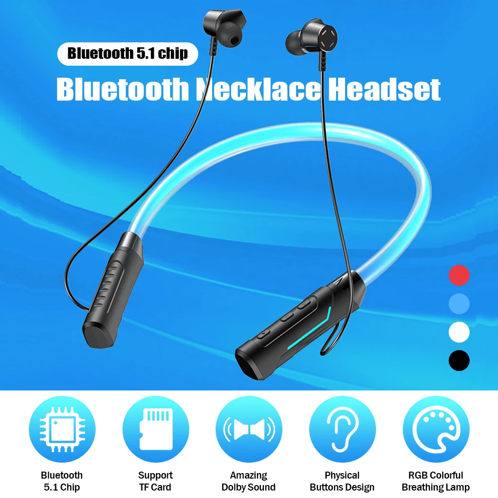 

Спортивная Беспроводная Bluetooth-гарнитура ожерелье, наушники с цветным RGB-светом, HiFi-звук, шумоподавление, для телефонов, гарнитура