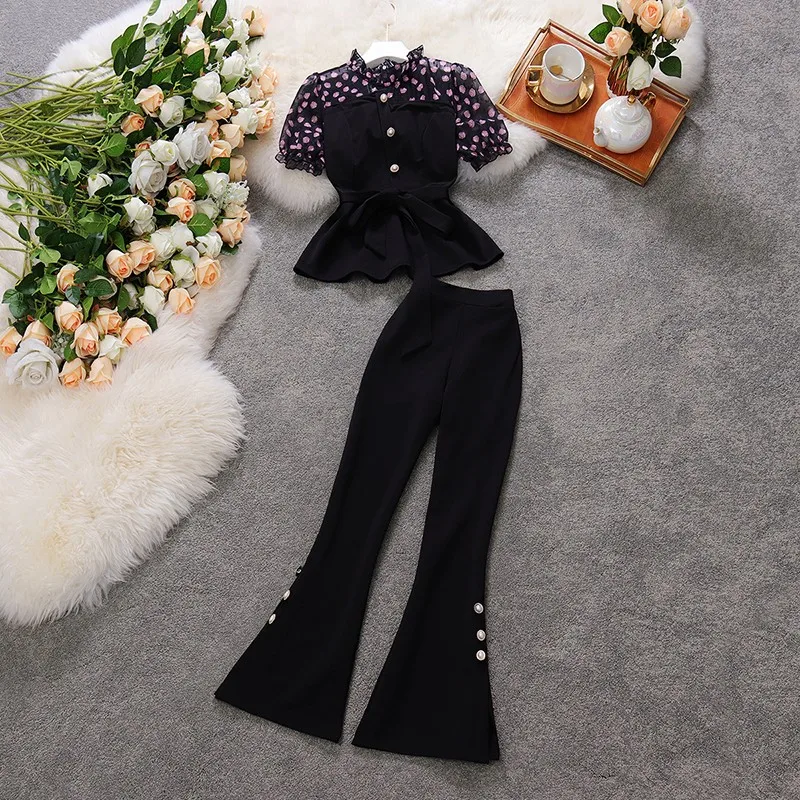 

Amolapha Women's OL Style Clothing Set Patchwork Design Bow Lotus Leaf Sleeve Tops+High Waist Split Flare Pant Office Wear Suit