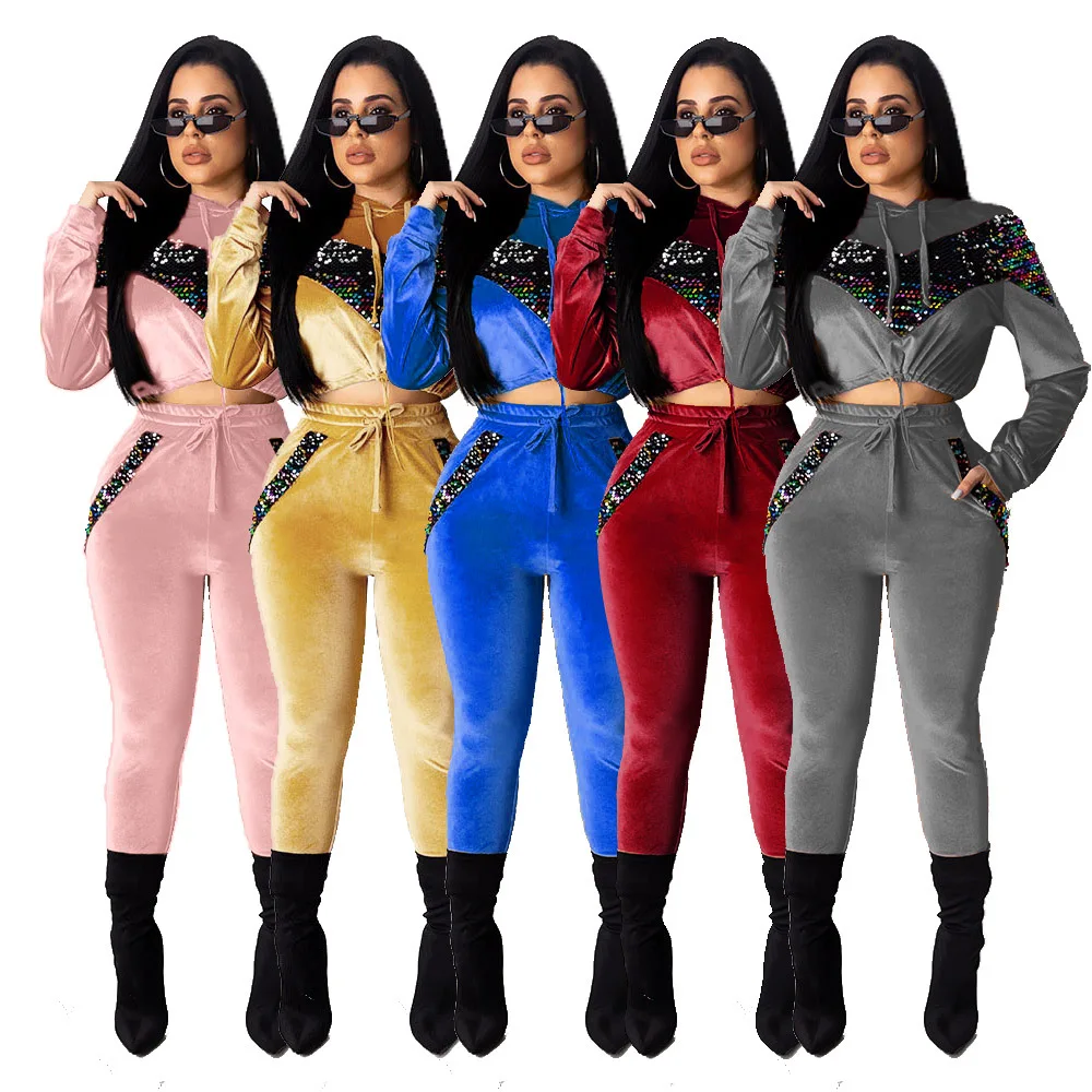 

Осень 2021, новинка, женская Европейская и американская мода, повседневная толстовка из двух предметов с блестками и кулиской, свитер