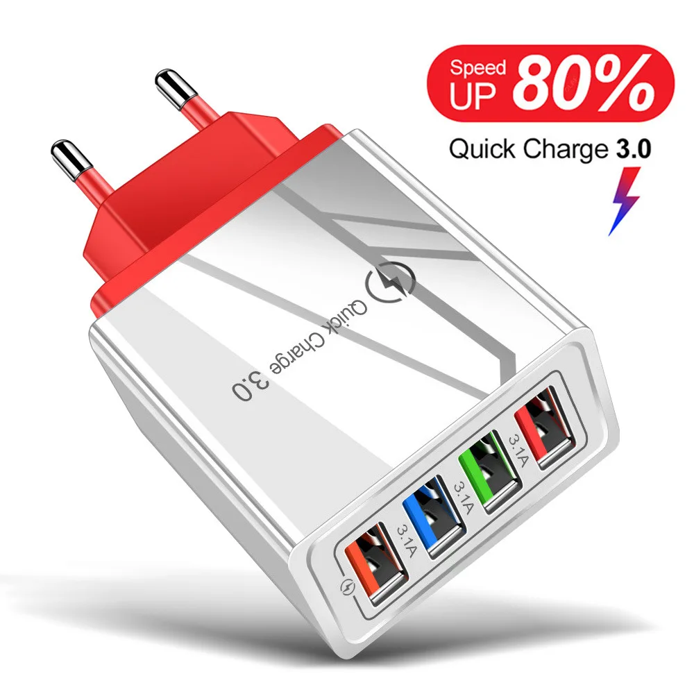 

4 USB Charger Quick Charge 3.0 For Phone Adapter for iPhone XR Huawei Tablet Portable EU US Plug Wall Mobile Charger Fast