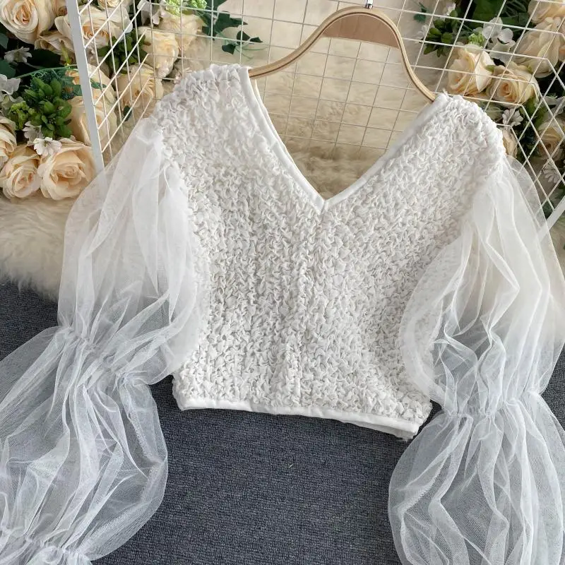 

Y2K Solid Folds Crop Tops Fashion Yarn Patchwork OL Blouses Spring Office Lady Sweetshirts Sexy Blusas Femme Mujer Tees S167