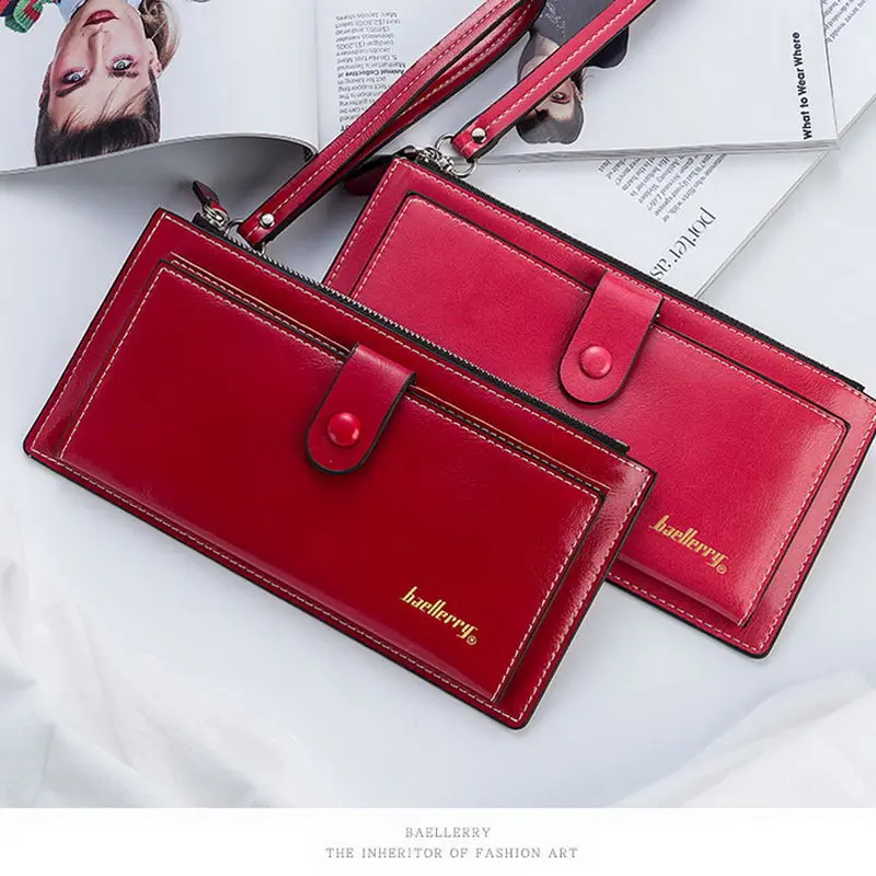 

Women's Card Bag with Oil Wax Buckle Long Paragraph Simple Multi-card Wallet Leather Wallet -OPK