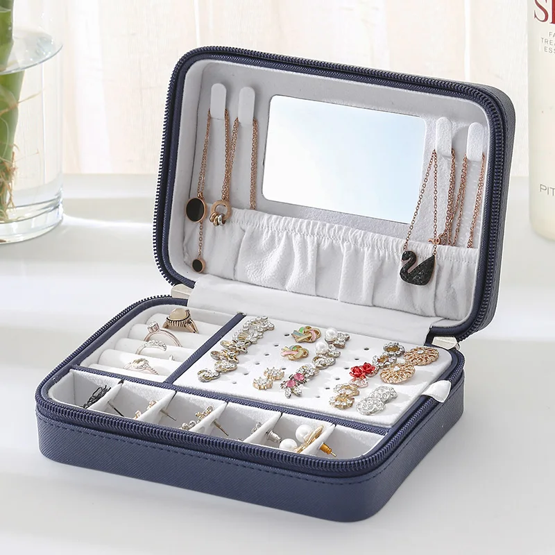 2022 New PU Leather Simple Jewelry Box With Zipper And Mirror Portable Jewelry Storage Box Earrings