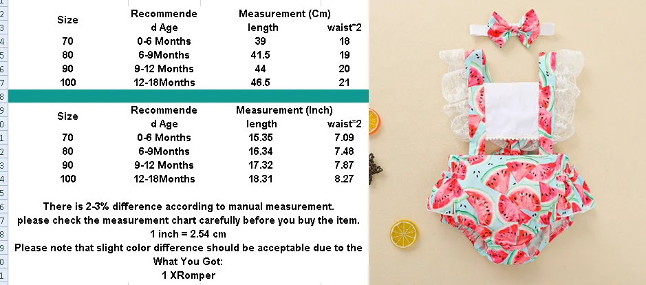 

Girls' Watermelon Printed 2Pcs Jumpsuit Set Ruffled Lace Sleeve Square Neck Hollowed Bodysuit with Headband