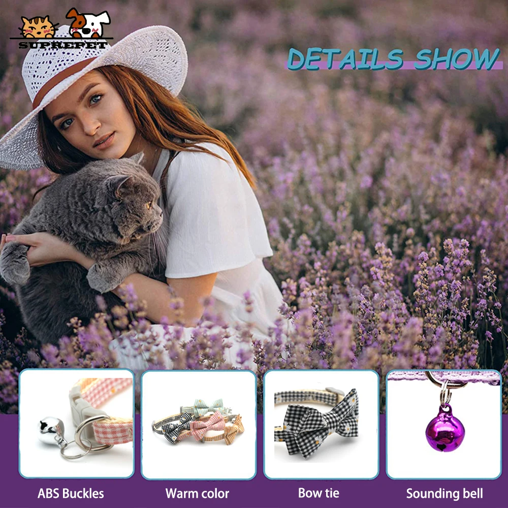 

SUPREPET Cute Cat Collar Daisy Sunflower Kitten Necklace Bowknot Pet Dog Classic Plaid Adjustable Safety Buckle Accessories