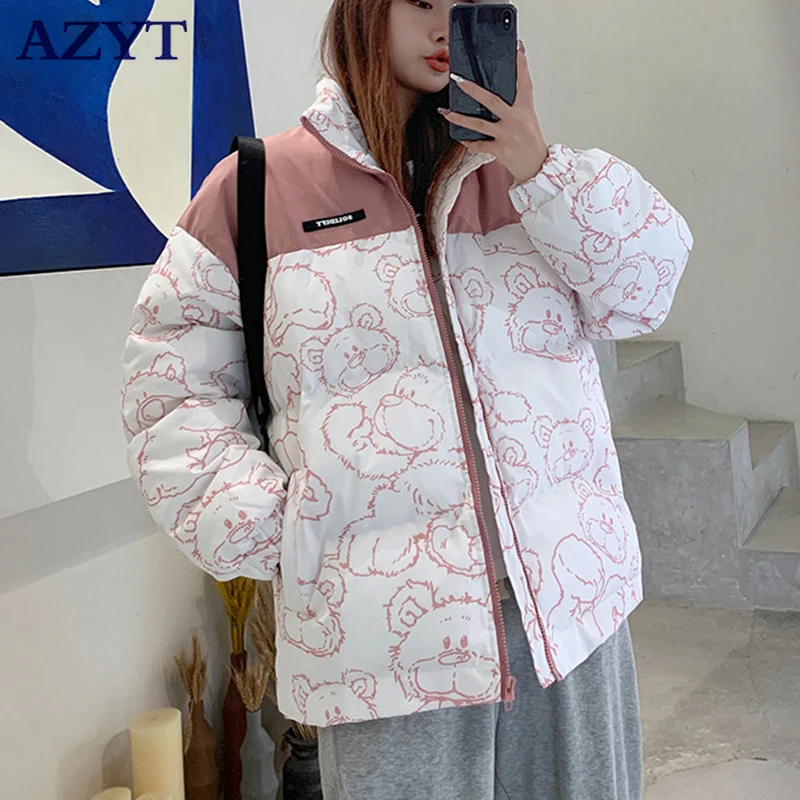

AZYT Winter Warm Stand Collar Parkas Women Fashion Cartoon Print Thicken Women Winter Jacket 2021 Winter Windproof Cotton Coat