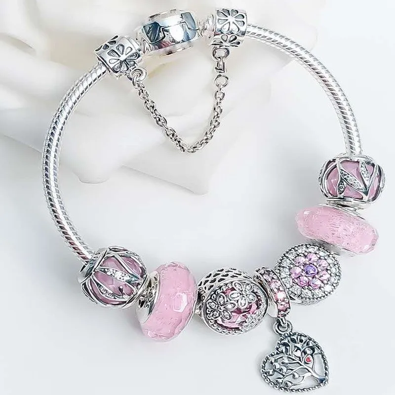 

Genuine 925 Sterling Silver Fashion Classic Button With Life Tree Charm Bracelet Fit Original Pan Charm Female Diy Jewelry
