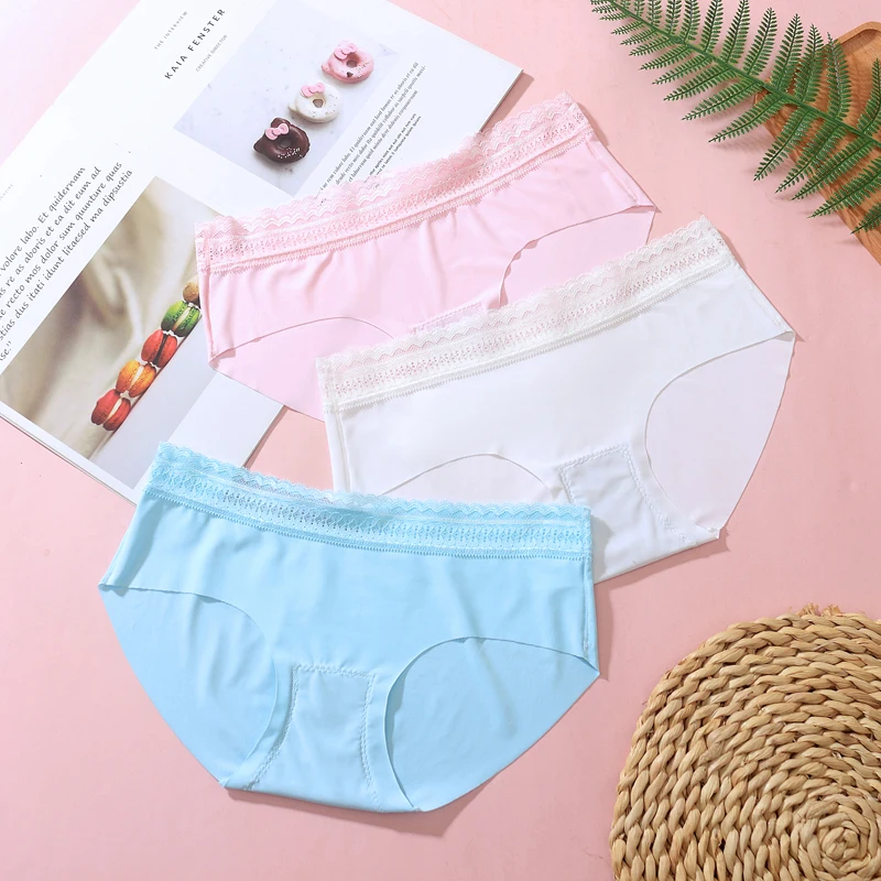 

3 Pcs Women's Seamless Panties Ice Silk Underwear Sexy Breathable Lingerie Briefs Lace Side Summer