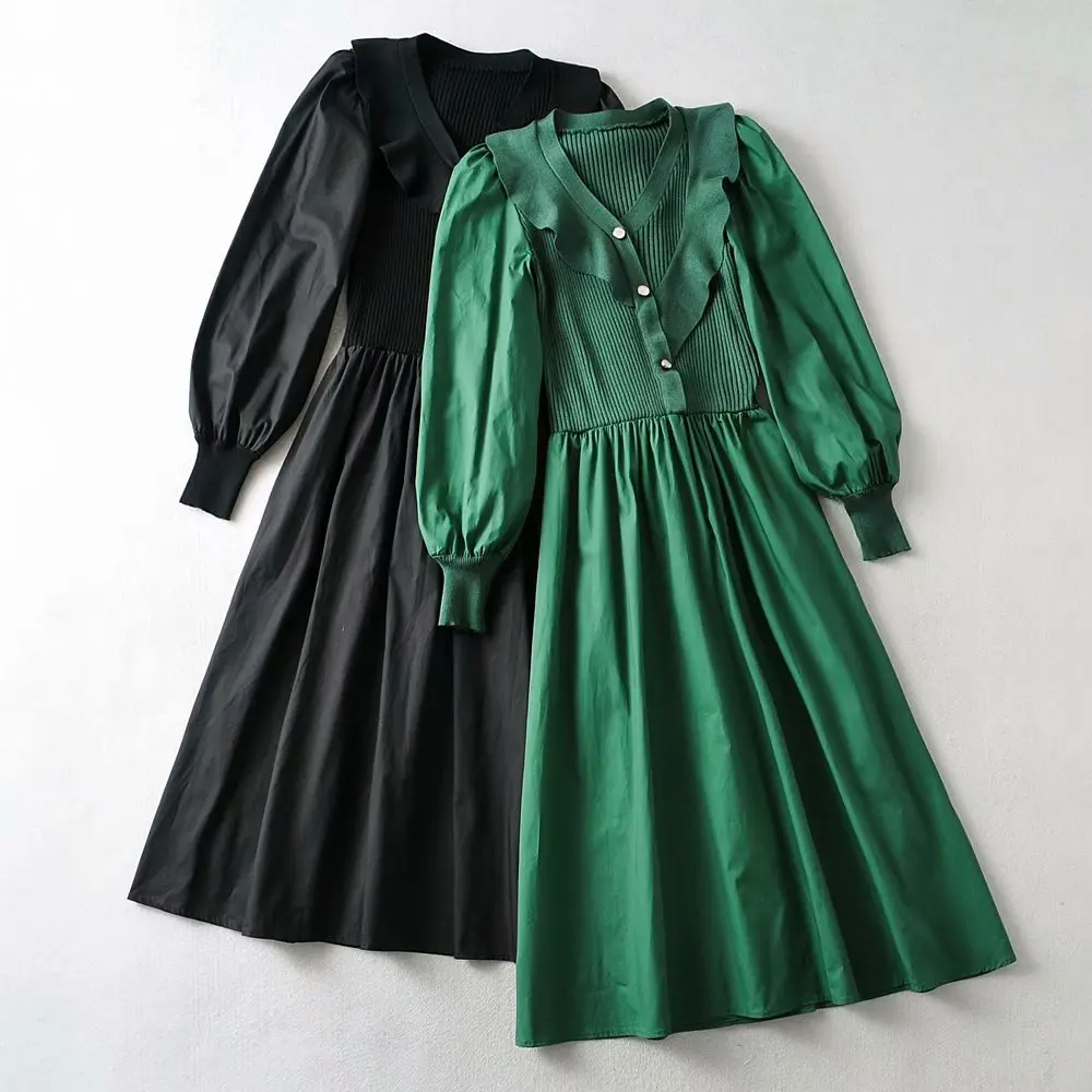 

Женское Хлопковое платье-трапеция средней длины, элегантное однотонное зеленое платье с длинным рукавом, оборками и высокой талией в винта...