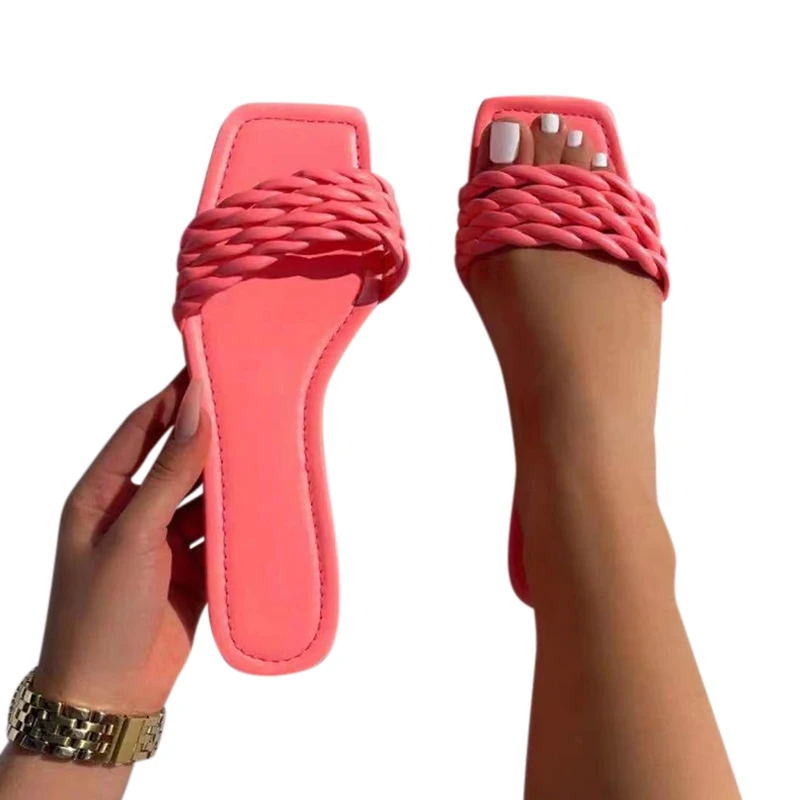 

Women New Square Toe Slippers Ladies Fashion Flat Shoes Casual Beach Slipper Female Plus Size Sandal Women's Weave Slides