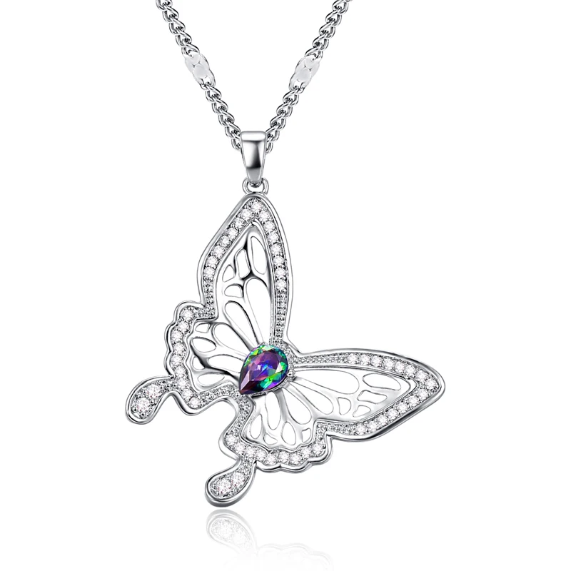 Multicolor pendant Lingmei, новинка, модные свадебные кольца с бабочкой, синяя Радуга, циркониевое ювелирное изделие для женщин, серебряное кольцо, подвеска, ожерелье, цепь, вечерние, подарки - Окраска металла: Multicolor pendant