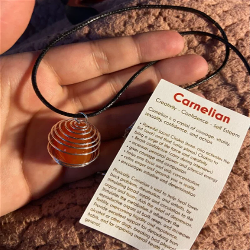 

Spiral Cage Carnelian Necklace on Gold/silvertone/rope Chain Carnelian Crystal Stone Caged Necklace Wire Wrap Jewelry - 7 StylE