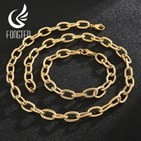 fongten rolo cable link chain bracelet necklace jewelry set 9mm width stainless steel for women men party accessories