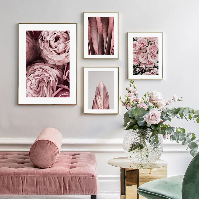

Nordic Style Floral Print Scandinavian Poster Pink Feather Flower Canvas Painting Modern Wall Art Picture Living Room Home Decor