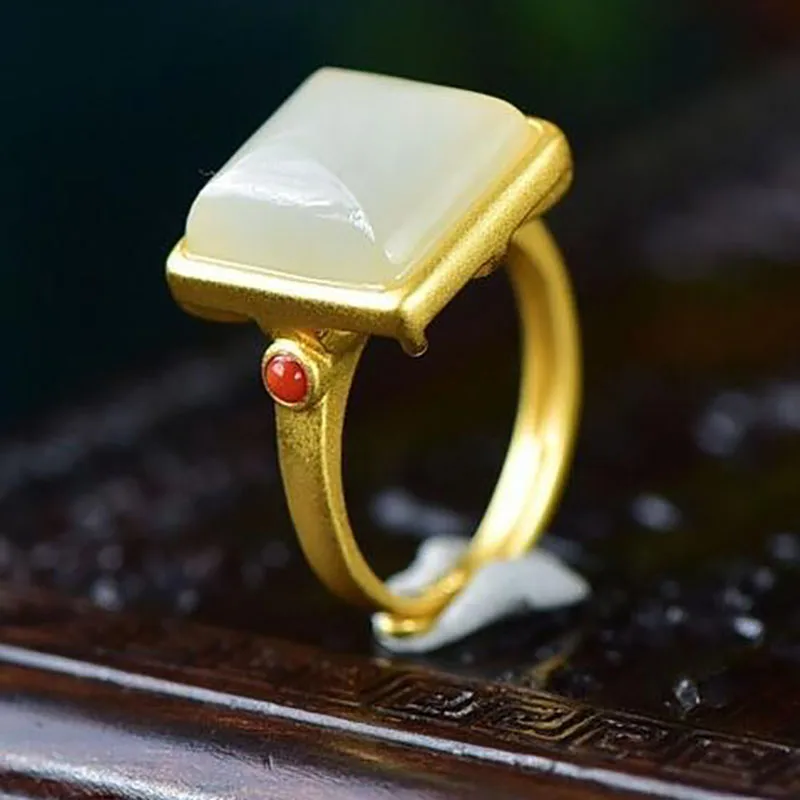 

silver inlaid natural Hetian white jade square ring niche design process neutral men and women opening adjustable brand jewelry