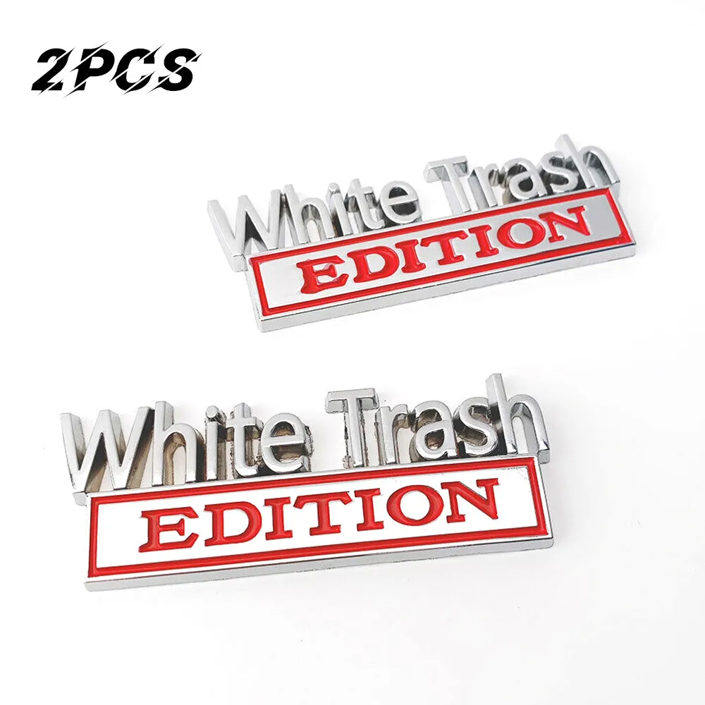 

2pcs Car Stickers White Trash Edition Truck Letter Fender Emblem Door Badge Matte Silver Red Universal 8.7x3.2cm