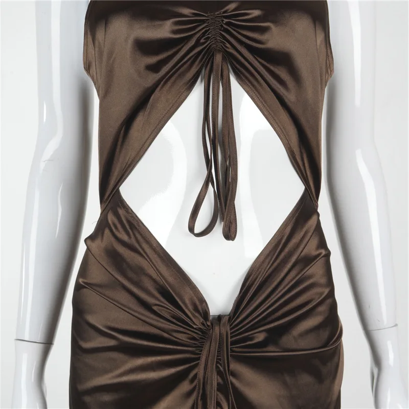 

Summer sleeveless halter maxi dresses for women Sexy drawstring waist hollow out party night long dress Summer clothing 2021