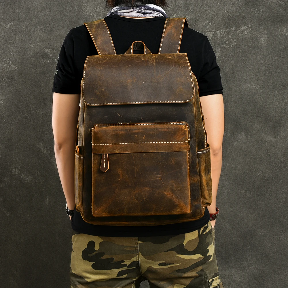 First Layer Leather Men Backpack large capacity 15.6 inch Laptop Bag male Travel Backpacks Retro Crazy Horse school bags | Багаж и сумки