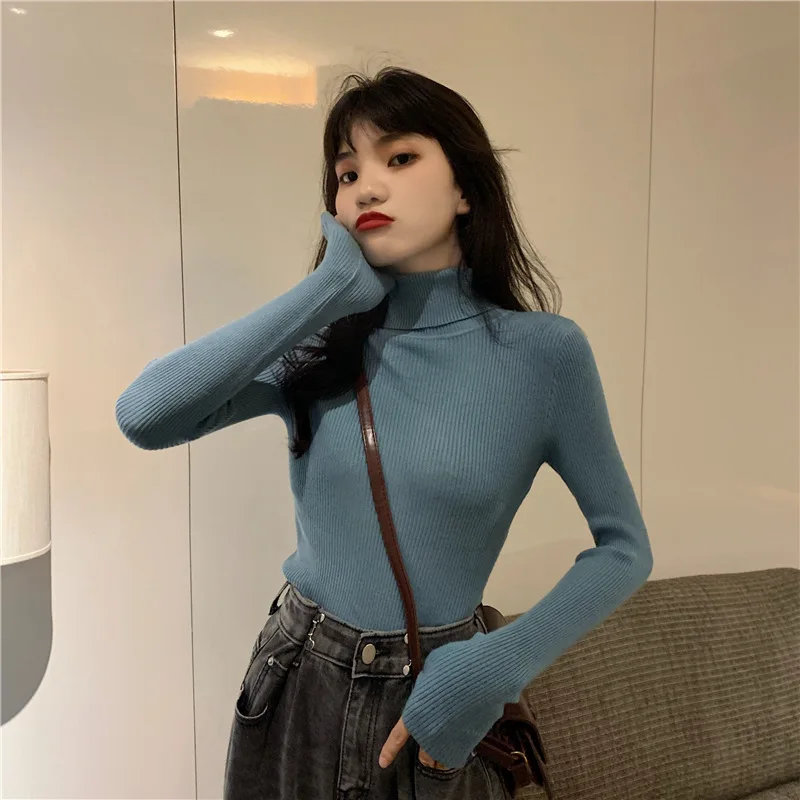 

2020 Autumn Winter Fashion Solid Color Turtleneck Women Long Sleeve Slim Knit Sweater Trend