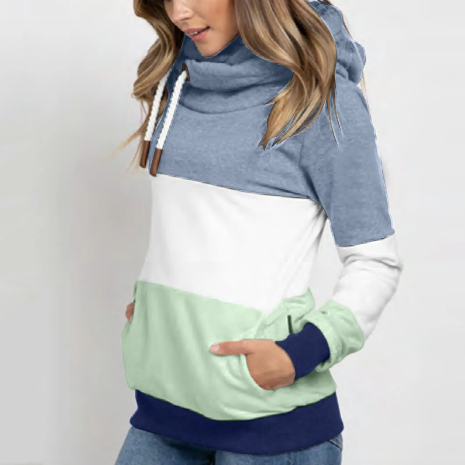 

Gradient Print Patchwork Hooded Sweatshirt Women Turtleneck Long Sleeve Casual Leopard Hoodies Lady Winter Warm Pocket Pullovers